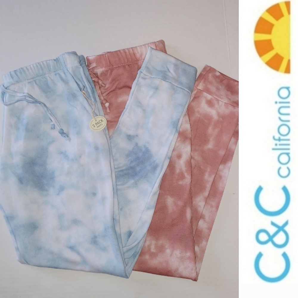 2 Pairs! C&C California Lightweight Tie Dye Joggers, Beaded Drawstring, 8/10